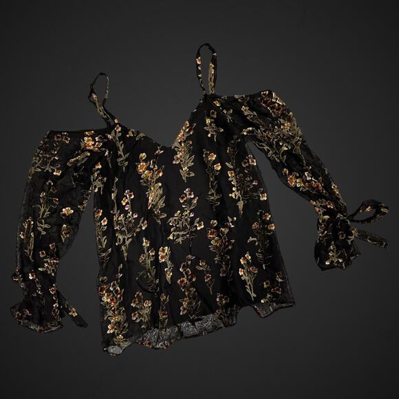 Love Sam Cold Shoulder Floral Top Blouse Size Small Black - Picture 2 of 6